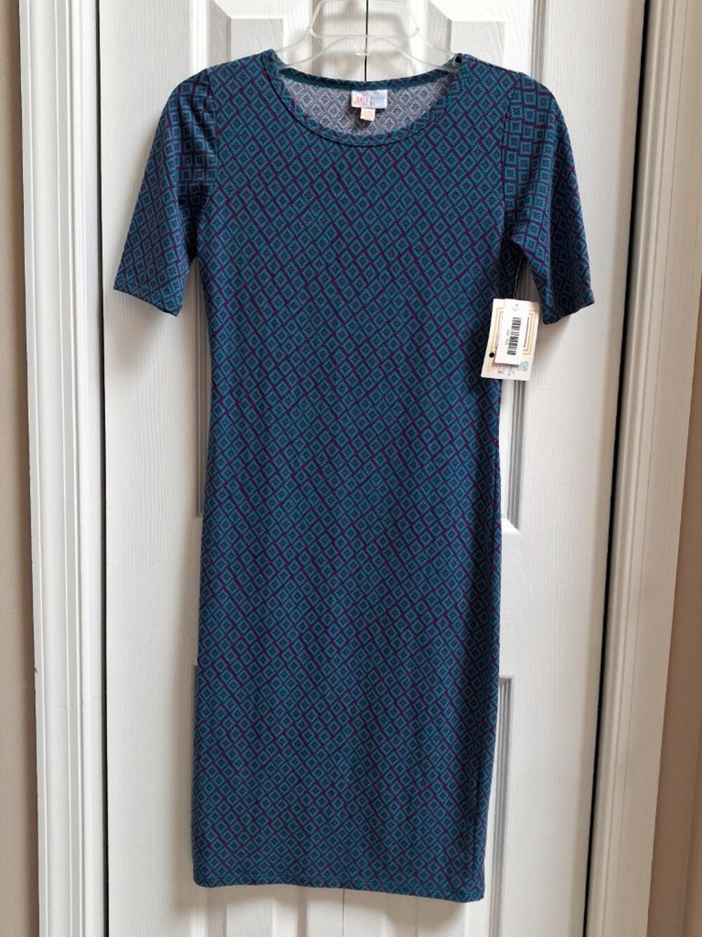 NWT LULAROE Julia Teal/Purple Geometric Print Jersey Dress sz XXS